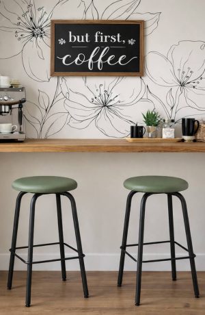 Amisco's Button Black Backless Swivel Counter Stools Green Seat in Home Coffee Bar