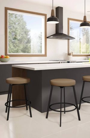 Amisco's Skyla Modern Swivel Backless Stool in Modern Minimal Brown and White Kitchen
