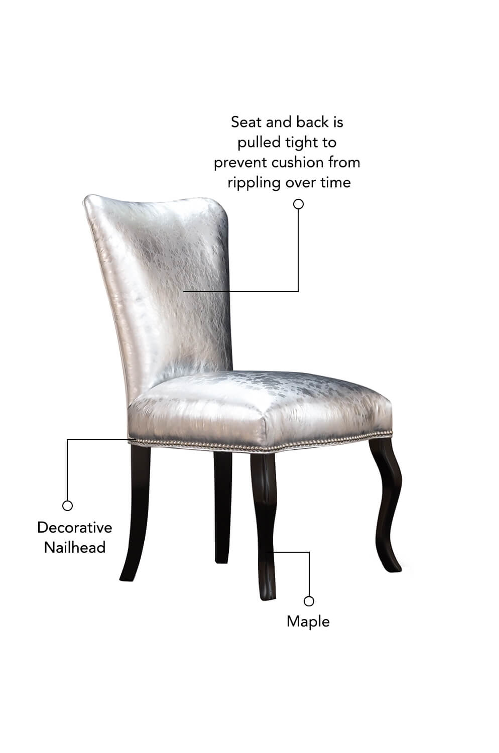 Seat and back is pulled tight to prevent cushion from rippling over time, features maple wood base and nailhead trim.
