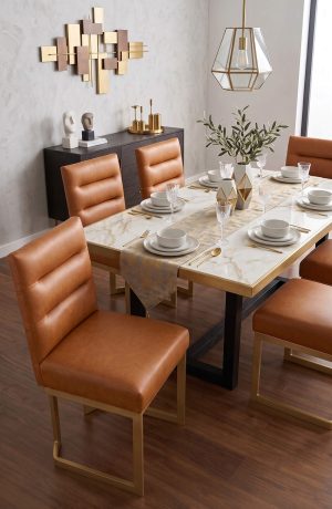 Cognac Upholstered Dining Chairs - Gold Metal Legs - Modern Dining Room (Billow)