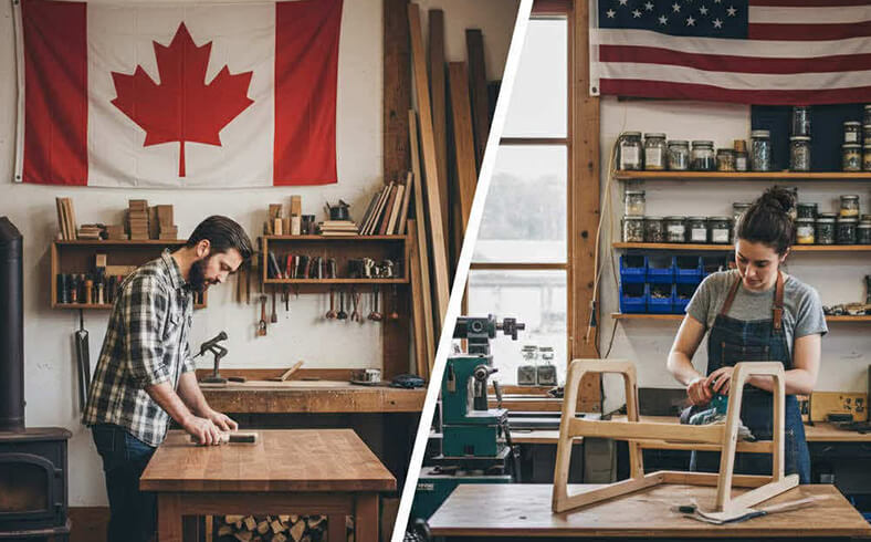 North American craftsmen building furniture in workshop, representing local jobs, fair wages, and support for USA and Canada manufacturing