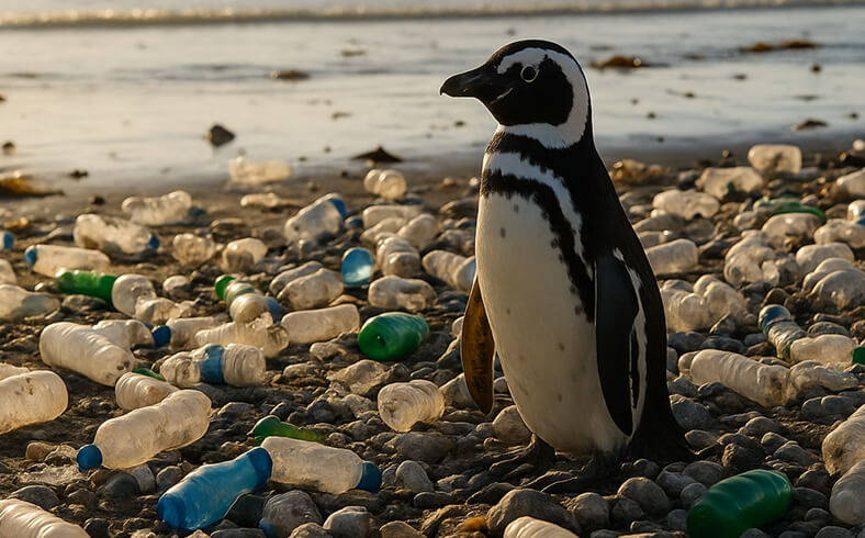 Penguin standing on a beach covered in plastic bottles, highlighting ocean pollution and the environmental impact of waste