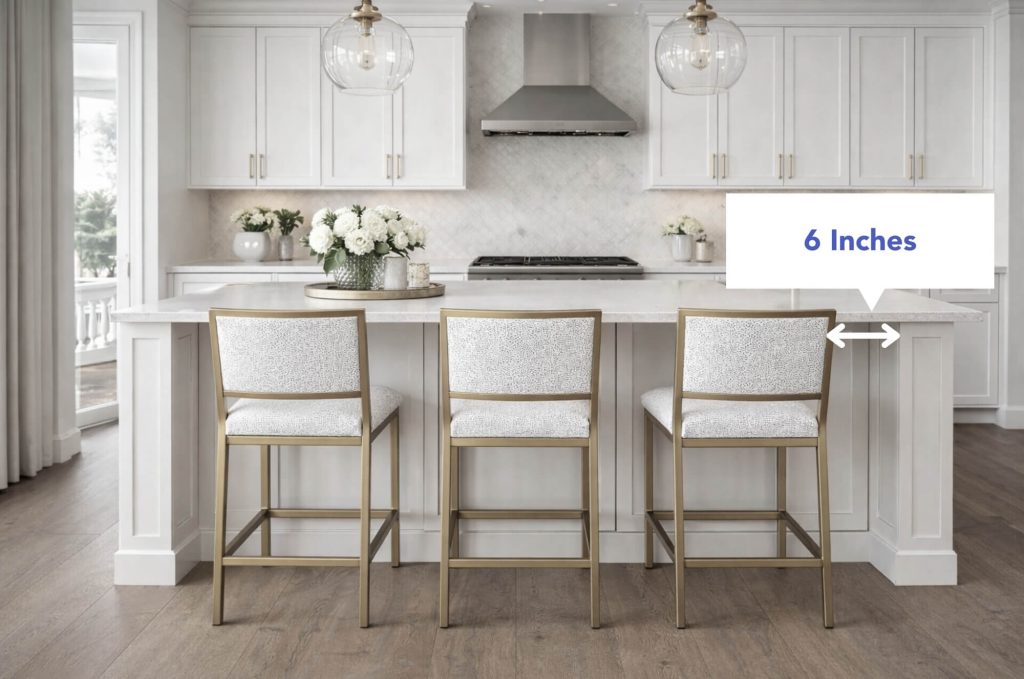 6 inch rule showing that you need 6 inches away from the bar stool to the end of the kitchen island