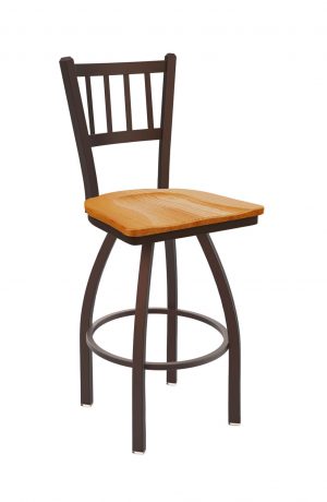 Holland's Contessa Big and Tall Swivel Bar Stool with Vertical Slats on Back in Bronze Metal Finish and Medium Oak wood seat finish