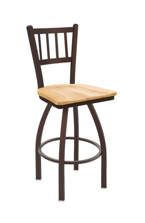 Holland's Contessa Big and Tall Swivel Bar Stool with Vertical Slats on Back in Bronze Metal Finish and Natural Maple wood seat finish