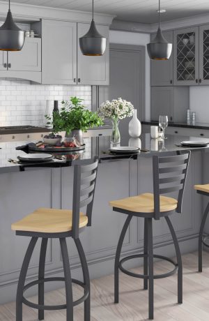 Holland's Jackie Modern Pewter Swivel Bar Stool with Natural Maple Wood Seat - in Modern Gray Kitchen