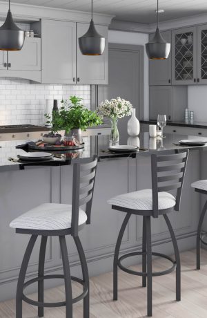 Holland's Jackie Modern Pewter Swivel Bar Stools with Ladder Back and White Seat Cushion - In Modern Kitchen