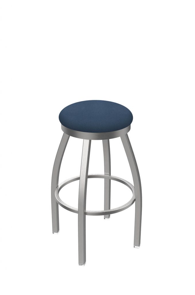 Holland's Misha #802 Backless Swivel Stool in Stainless Steel Metal Finish and Blue Seat Cushion