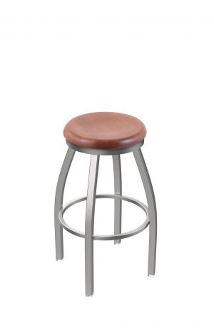 Holland's Misha Backless Swivel Stool in Stainless Steel with Medium Oak Wood Seat