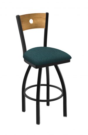Holland's Voltaire 830 Swivel Bar Stool with Medium Maple Wood Back and Black Metal Finish and Graph Tidal Seat Cushion