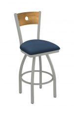 Holland's Voltaire 830 Swivel Bar Stool with Medium Maple Wood Back, Nickel Metal Finish, and Blue Rein Bay Vinyl