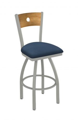Holland's Voltaire 830 Swivel Bar Stool with Medium Maple Wood Back, Nickel Metal Finish, and Blue Rein Bay Vinyl