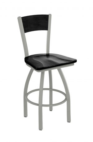 Holland's Voltaire Silver Swivel Bar Stool with Black Wood Seat and Solid Back