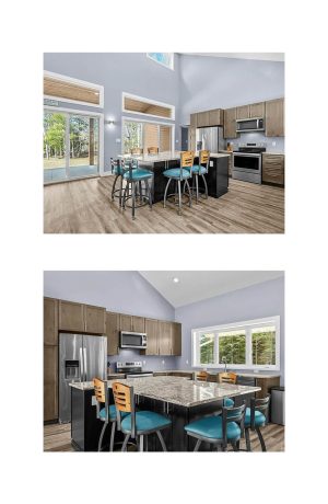 Holland's Voltaire and Jackie Low Back Swivel Bar Stools in Modern Kitchen