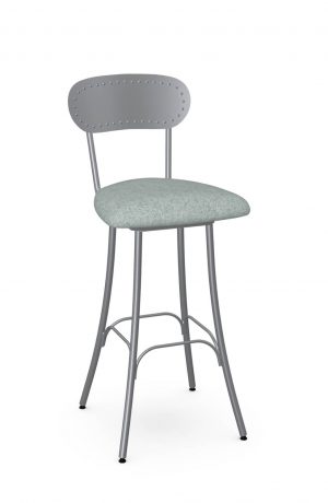 Amisco's Bean Transitional Silver Metal Swivel Bar Stool with Bean Shaped Hammered Back and Light Green Seat Cushion