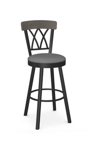 Amisco's Brittany Black Metal Swivel Bar Stool with Gray Wood Back and Gray Seat Cushion