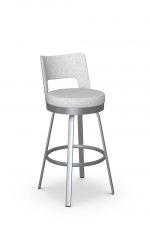 Amisco's Brock Low Back Swivel Bar Stool in Silver Metal and White Fabric