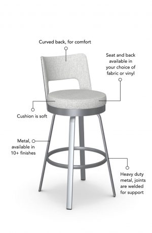 Soft seat and back cushion is available in fabric or vinyl, and the metal is welded at the joints for support. This bar stool is custom made for you!
