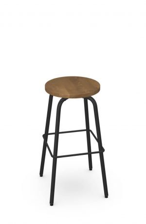 Amisco's Button Backless Swivel Bar Stool in Black Metal and Wood Round Seat