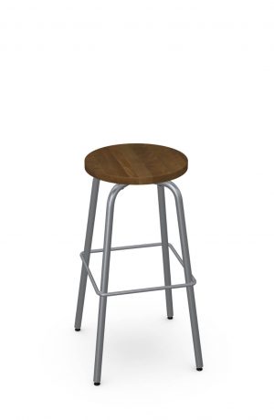 Amisco's Button Backless Swivel Bar Stool in Silver Metal and Wood Seat