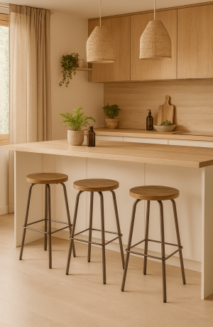 Amisco's Button Backless Swivel Bar Stools in Warm Scandinavian Kitchen