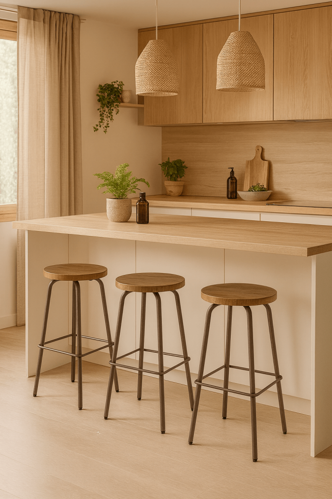 Amisco's Button Backless Swivel Bar Stools in Warm Scandinavian Kitchen
