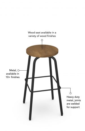 Wood seat is available in a variety of wood finishes and the metal has joints that are welded for support. This bar stool is custom made for you!