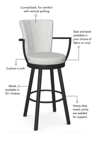 Soft seat and back cushion is available in fabric or vinyl, and the metal is welded at the joints for support. This bar stool is custom made for you!