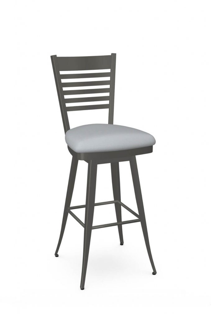 Amisco's Edwin Silver Swivel Bar Stool with Back and Blue Seat Cushion