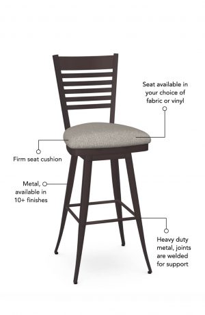 Firm seat cushion is available in fabric or vinyl, and the metal is welded at the joints for support. This bar stool is custom made for you!