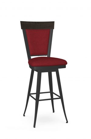 Amisco's Eleanor Black Swivel Bar Stool with Red Seat and Back with Wood Back
