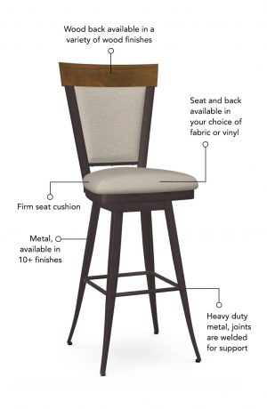 Seat and back cushion is available in fabric or vinyl, and the metal is welded at the joints for support. This bar stool is custom made for you!