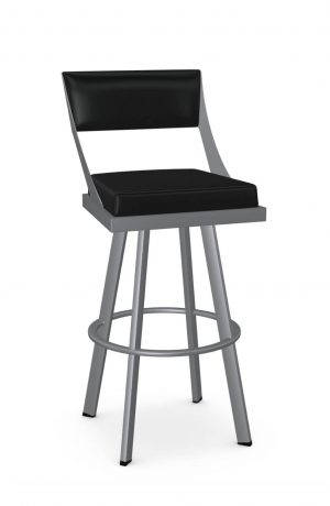 Amisco's Fame Modern Swivel Silver Bar Stool with Black Seat and Back Padding