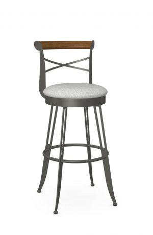 Amisco's Historian Traditional Swivel Bar Stool with Cross Back Design, Round Seat Cushion, and Gray Metal Frame