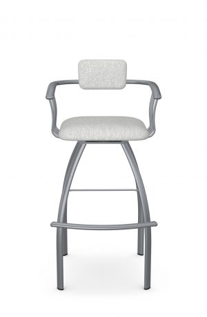 Amisco's Kris Modern Swivel Bar Stool with Arms in Silver Metal and Upholstered Back and Seat