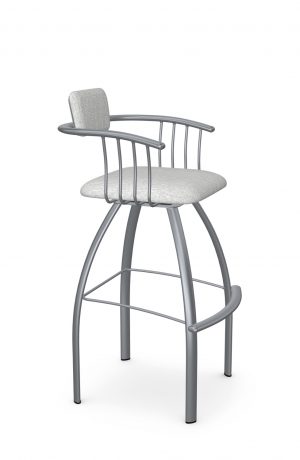 Amisco's Kris Modern Swivel Bar Stool with Arms in Silver Metal and Upholstered Back and Seat - Side View