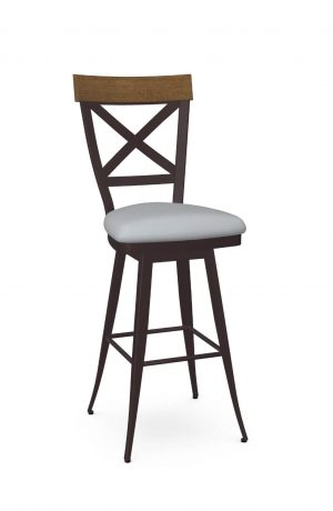 Amisco's Kyle Bronze Swivel Bar Stool with X Back, Wood Back, and Blue Seat Cushion