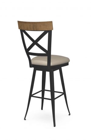Amisco's Kyle Traditional Swivel Metal Bar Stool with Wood Back, Seat Cushion, and Cross Back Design - View of Back