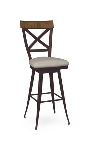Amisco's Kyle Traditional Swivel Metal Bar Stool with Wood Back, Seat Cushion, and Cross Back Design