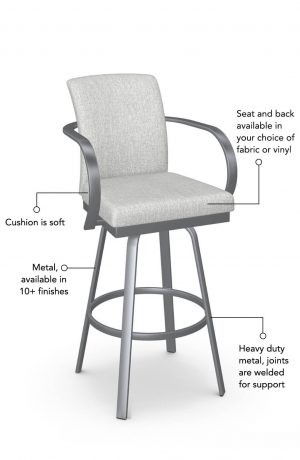 Soft seat and back cushion is available in fabric or vinyl and the metal is welded at the joints for support. This bar stool is custom made for you!