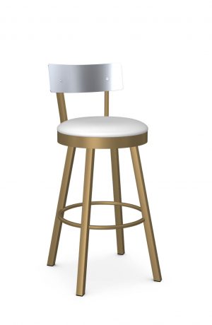 Amisco's Lauren Gold Swivel Bar Stool with Low Stainless Steel Back and White Vinyl Seat Cushion