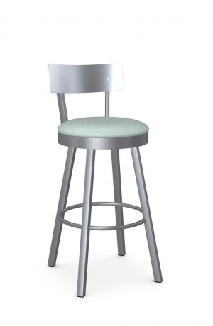 Amisco's Lauren Modern Swivel Silver Bar Stool with Stainless Steel Back and Seafoam Green Seat Cushion