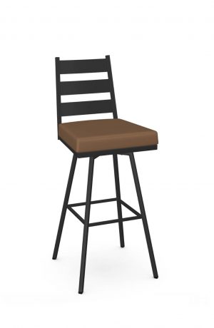 Amisco's Level Modern Black Metal Swivel Bar Stool with Ladder Back Design and Brown Seat Vinyl