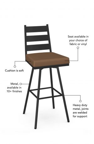 Soft seat cushion is available in fabric or vinyl and the metal is welded at the joints for support. This bar stool is custom made for you!