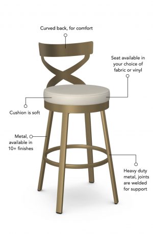 Soft seat cushion is available in fabric or vinyl and the metal is welded at the joints for support. This bar stool is custom made for you!