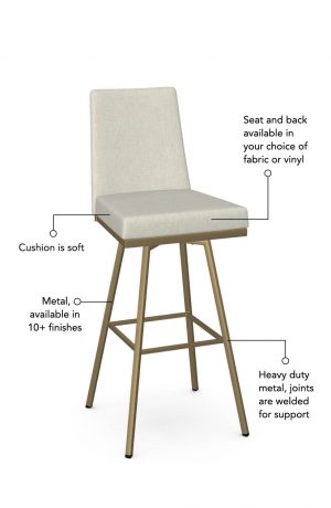 Soft seat and back cushion is available in fabric or vinyl and the metal is welded at the joints for support. This bar stool is custom made for you!
