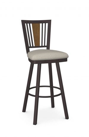 Amisco's Madison Traditional Swivel Bar Stool with Wood Back Piece, Espresso Metal Frame Finish, and Light Tan Square Seat Cushion