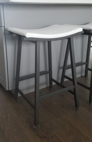 Amisco's Nathan Backless Rectangle Stool in Dark Gray Metal and White Seat Cushion