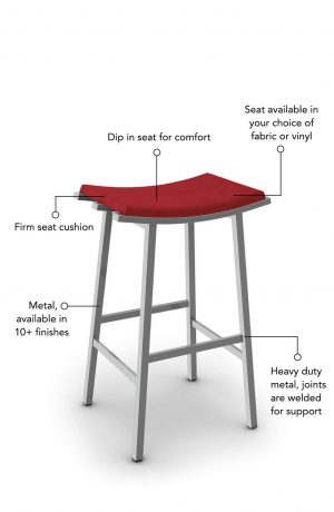 Seat cushion is available in fabric or vinyl and the metal is welded at the joints for support. This bar stool is custom made for you!