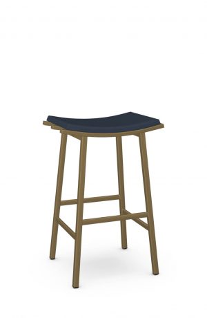 Amisco's Nathan Modern Gold Backless Saddle Stool with Blue Vinyl Seat Covering